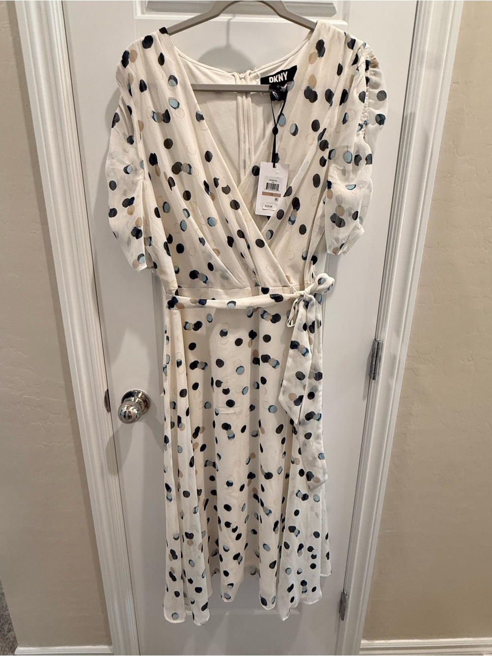 DKNY Cream Midi Wrap Dress with Black and Blue Polka Dots
